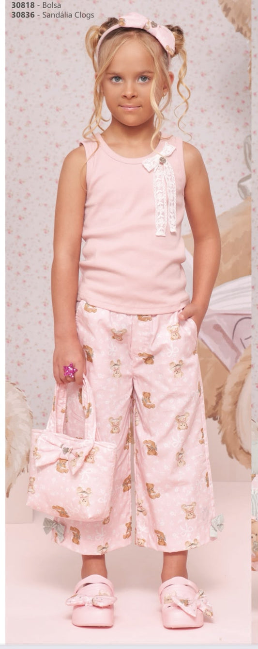 Conjunto Infantil Regata Com Laço de Renda e Calça Pantacourt Algodão Estampa Ursinhos - Pituchinhus