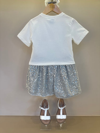 Conjunto Infantil Blusa Hello Kitty Foil com Saia Paetê Prata - Momi