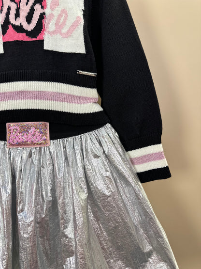Conjunto Infantil Blusa Tricot Barbie Color Preta e Saia Prata Patche Barbie - Pituchinhus