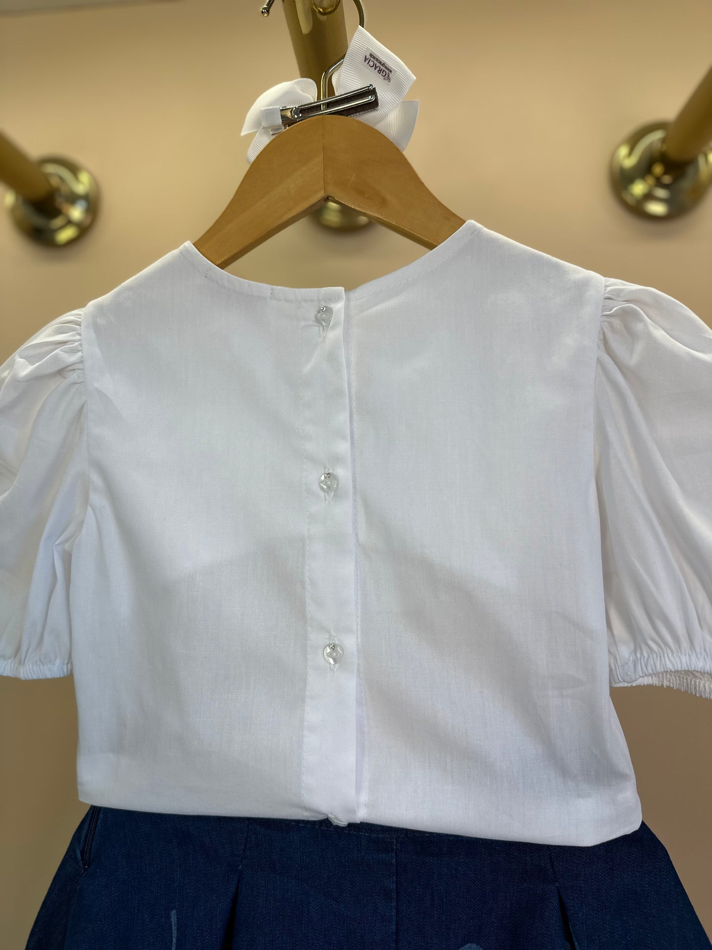 Conjunto Infantil Blusa Algodão e Saia Jeans Laços - Luluzinha