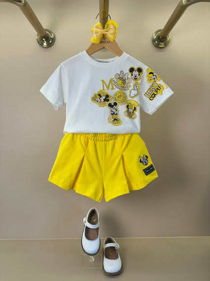 Conjunto Infantil Blusa Minnie e MIckey e Shorts Saia Amarelo Com Pregas - Animê