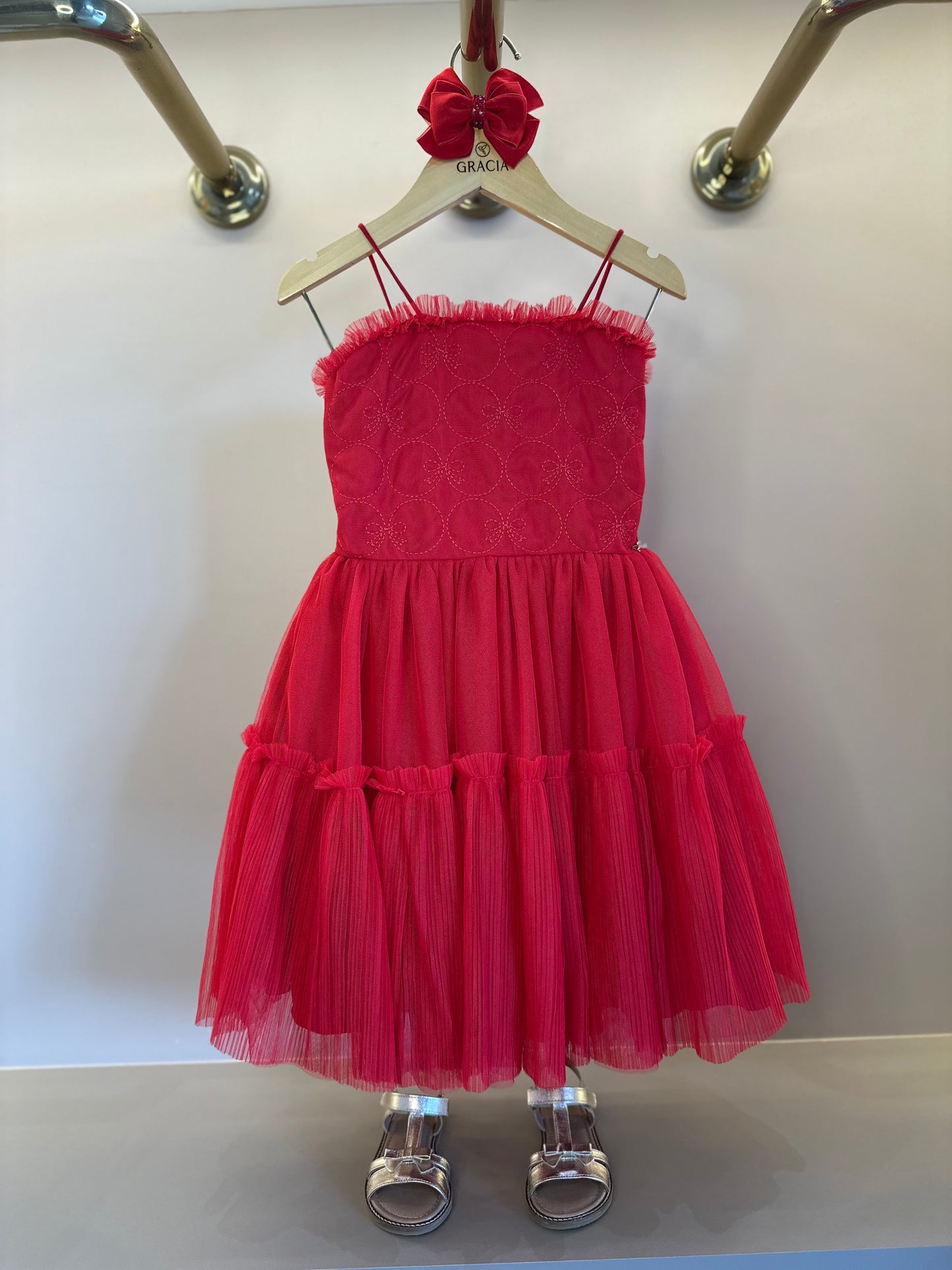 Vestido Infantil Laços Bordados Vermelho - Petit Cherie