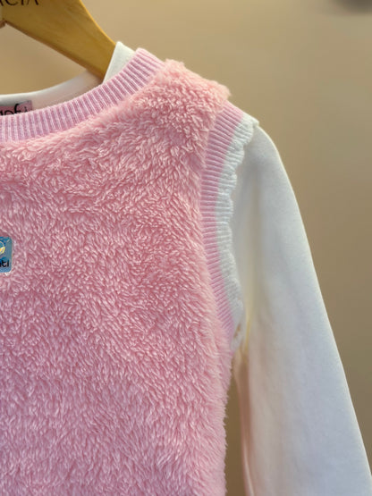 Conjunto Trio Blusa ML Off White, Colete Rosa e Saia Bege - Infanti