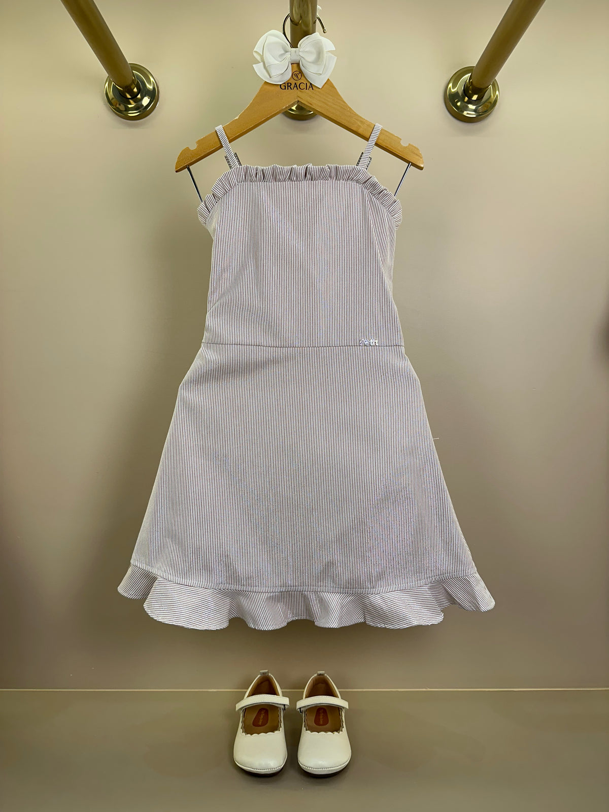 Vestido Infantil Festa Franzidos Bege - Petit Cherie