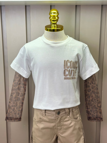 Conjunto Infantil Blusa Minnie Mangas Tule Animal Print  e Calça Sarja Pregas Bege - Animê