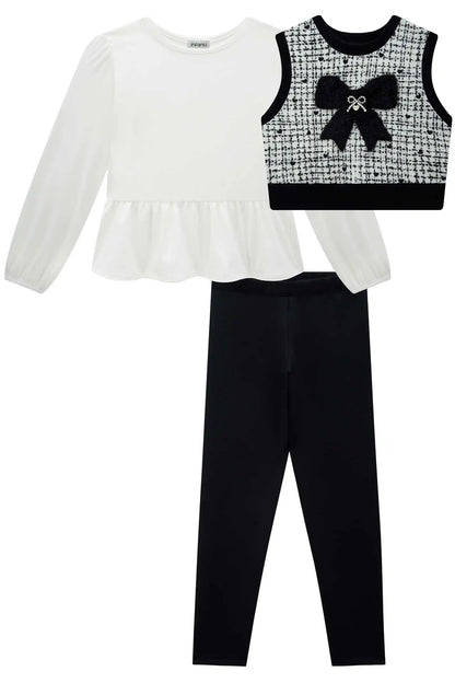 Conjunto Infantil Trio Blusa Comfy, Colete Tweed Molecotton e Legging Fly Tech Preta  - Infanti
