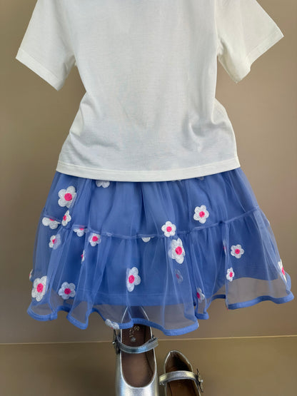 Conjunto Infantil  Blusa Daisy Duck Com Strass Pérola e Saia Tule Bordado Flores Lilás - Momi
