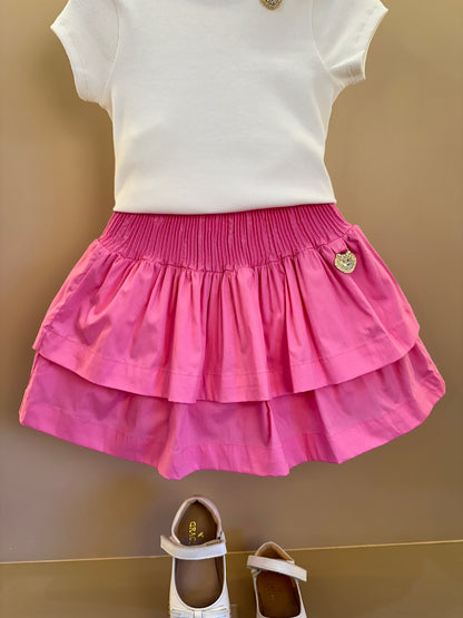 Conjunto Infantil Blusa Off Joia Coração e Saia Babado Rosa - Animê
