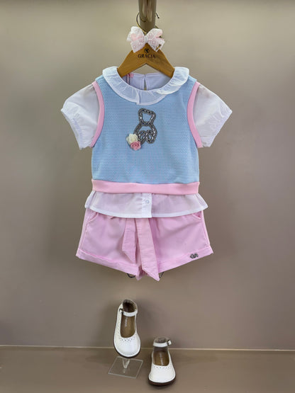 Conjunto Infantil Saia Short Pouple Ursinhos E Blusa Tricot Rosa - Gabriela Aquarela