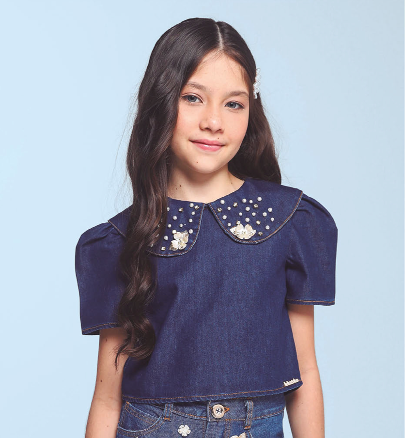 Conjunto Infantil Blusa Jeans Bordada Flores e Short Jeans Branco - Luluzinha PRÉ-VENDA