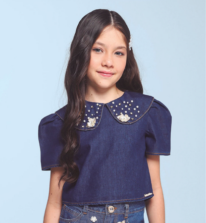 Conjunto Infantil Blusa Jeans Bordada Flores e Short Jeans Branco - Luluzinha PRÉ-VENDA