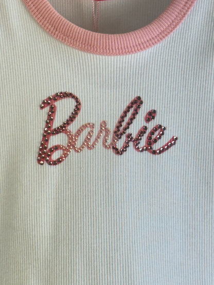 Conjunto Infantil Regata Barbie Cristais Off White e Calça Legging Barbie Rosa Xadrez - Pituchinhus