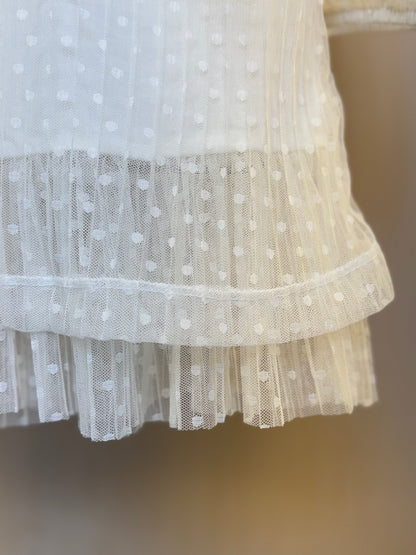 Vestido Infantil Trapézio Tule Plissado Aplicação Laço Off White - Luluzinha