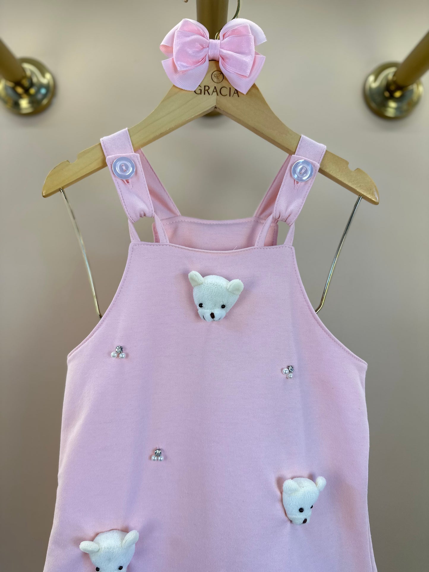 Salopete Infantil Rosa Ursinhos Com Blusa Golinha MC Off White - Gabriela Aquarela