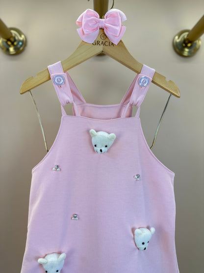 Salopete Infantil Rosa Ursinhos Com Blusa Golinha MC Off White - Gabriela Aquarela