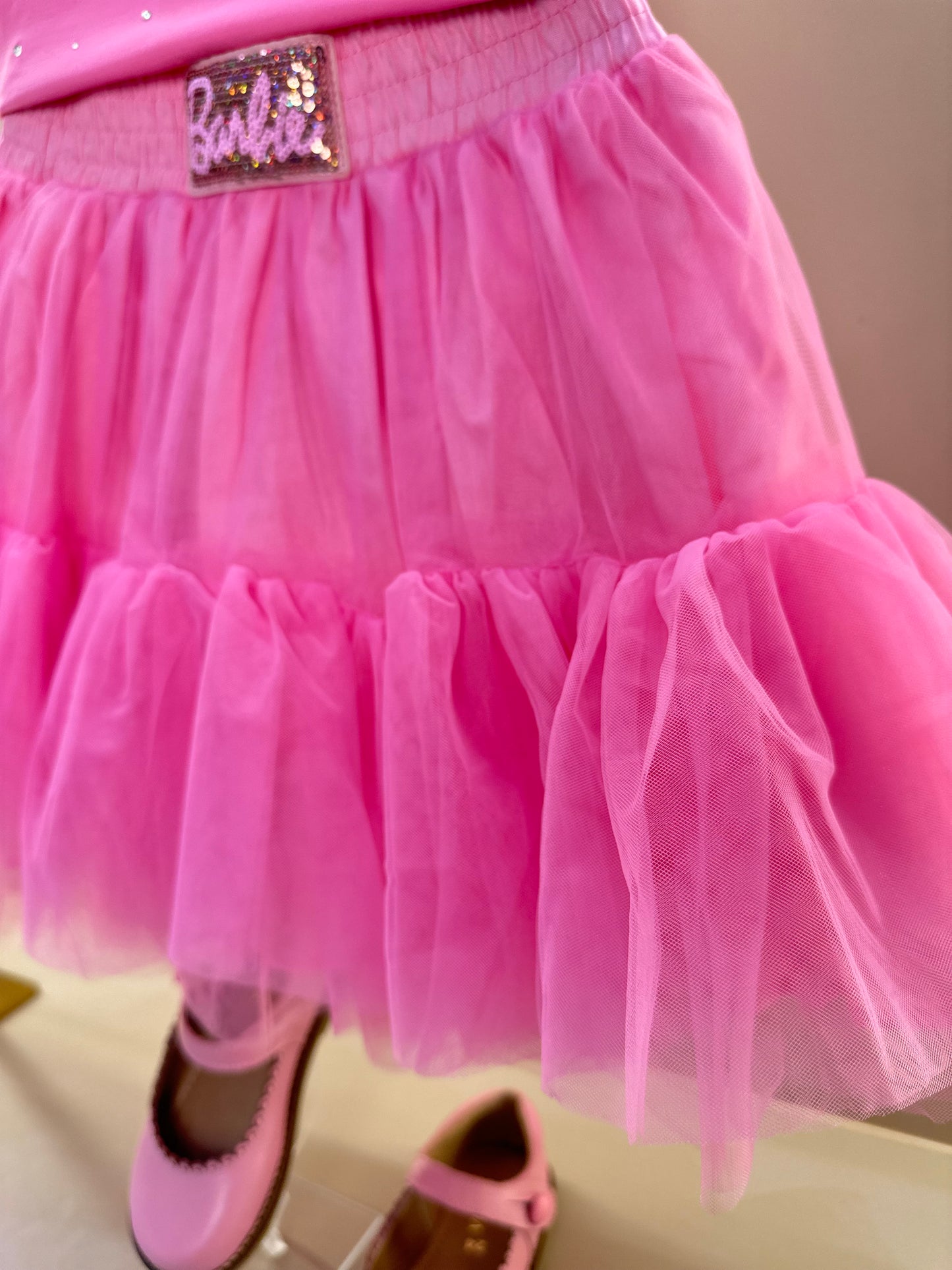 Conjunto Infantil Blusa Light Cristais Barbie e Saia Babados Patche Barbie Rosa Ópera - Pituchinhus