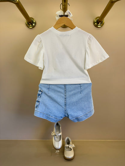 Conjunto Infantil Blusa Minnie e Daisy Limão e Shorts Saia Jeans