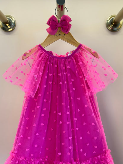 Vestido Infantil Trapézio Tule Corações Pink - Mon Sucré