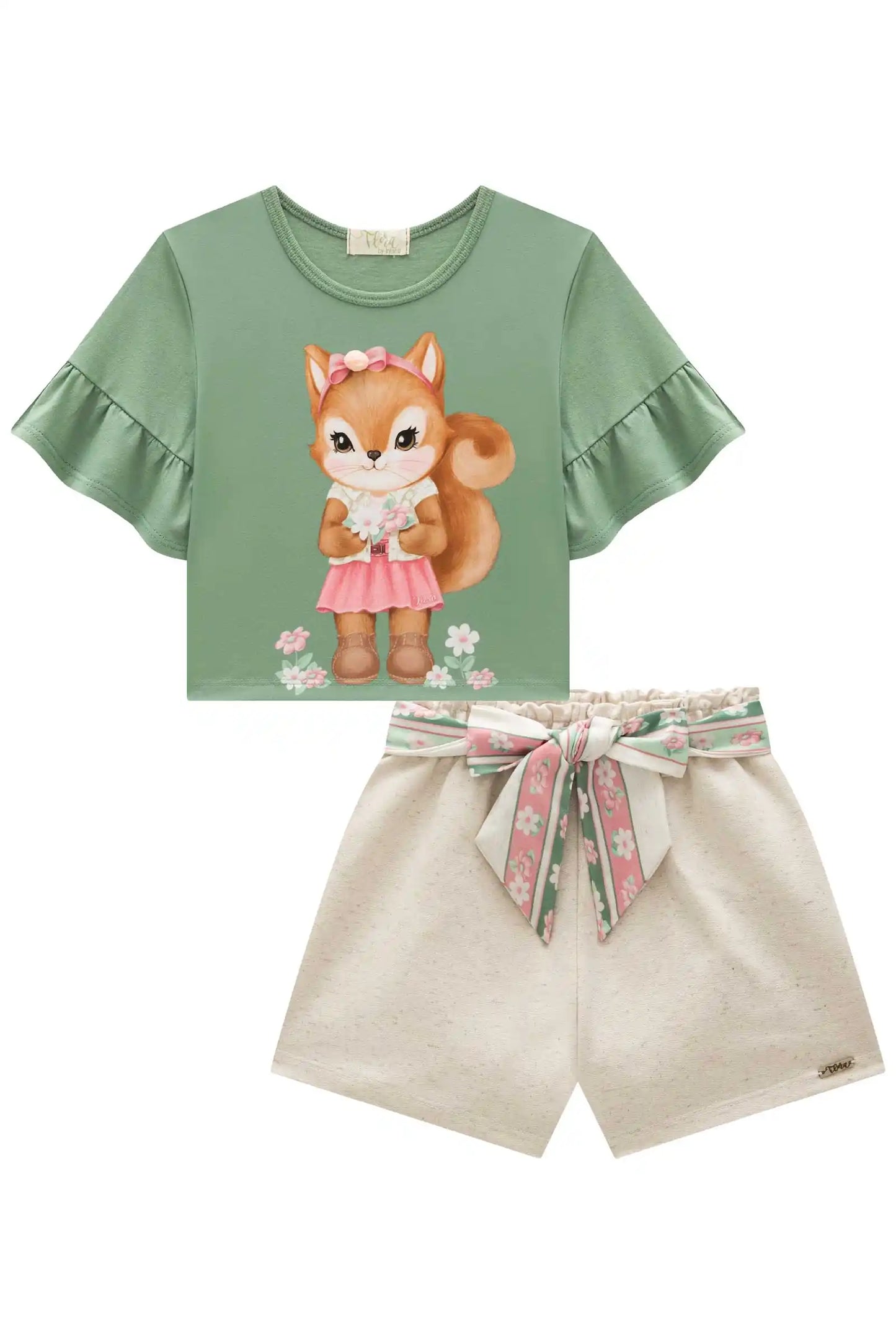 Conjunto Infantil Blusa Boxy Esquila de Lacinho e Shorts Verde Ultramarine - Infanti