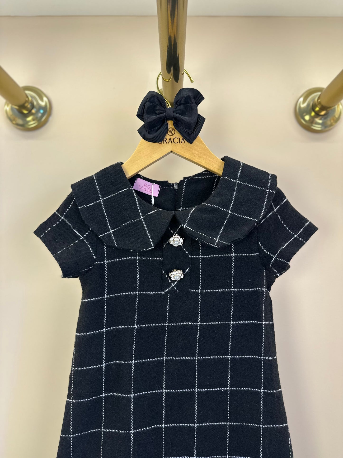 Vestido Infantil Trapézio Botões Xadrez Preto - Luluzinha