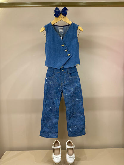 Conjunto Infantil Colete e Calça Jeans Bordada Tule Flores - Animê