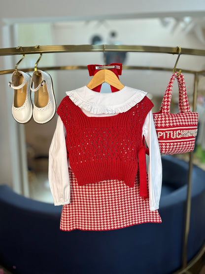 Conjunto Infantil Colete Ponto Rendado e Saia Tricot Pied Poule Prega - Pituchinhus
