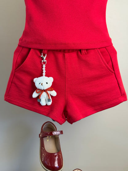 Conjunto Infantil Vermelho Blusa Com Strass e Shorts Moletom Acessório de Urso - Luluzinha