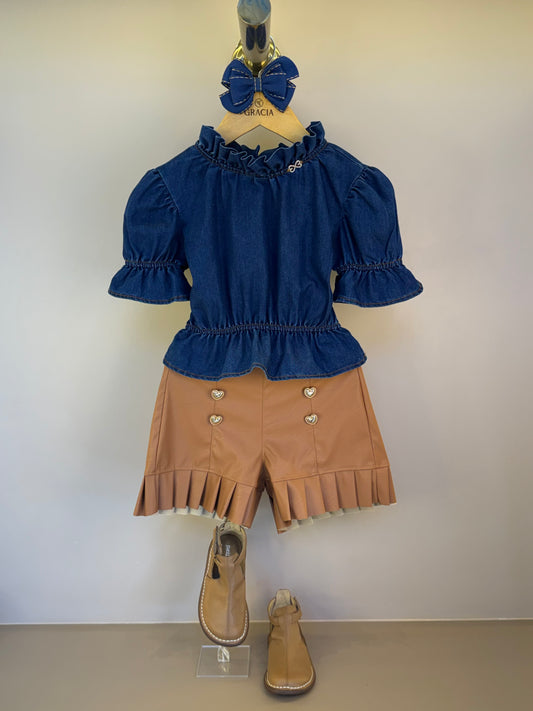 Conjunto Infantil Blusa Jeans Peplum e Shorts Couro Tech Botões - Luluzinha
