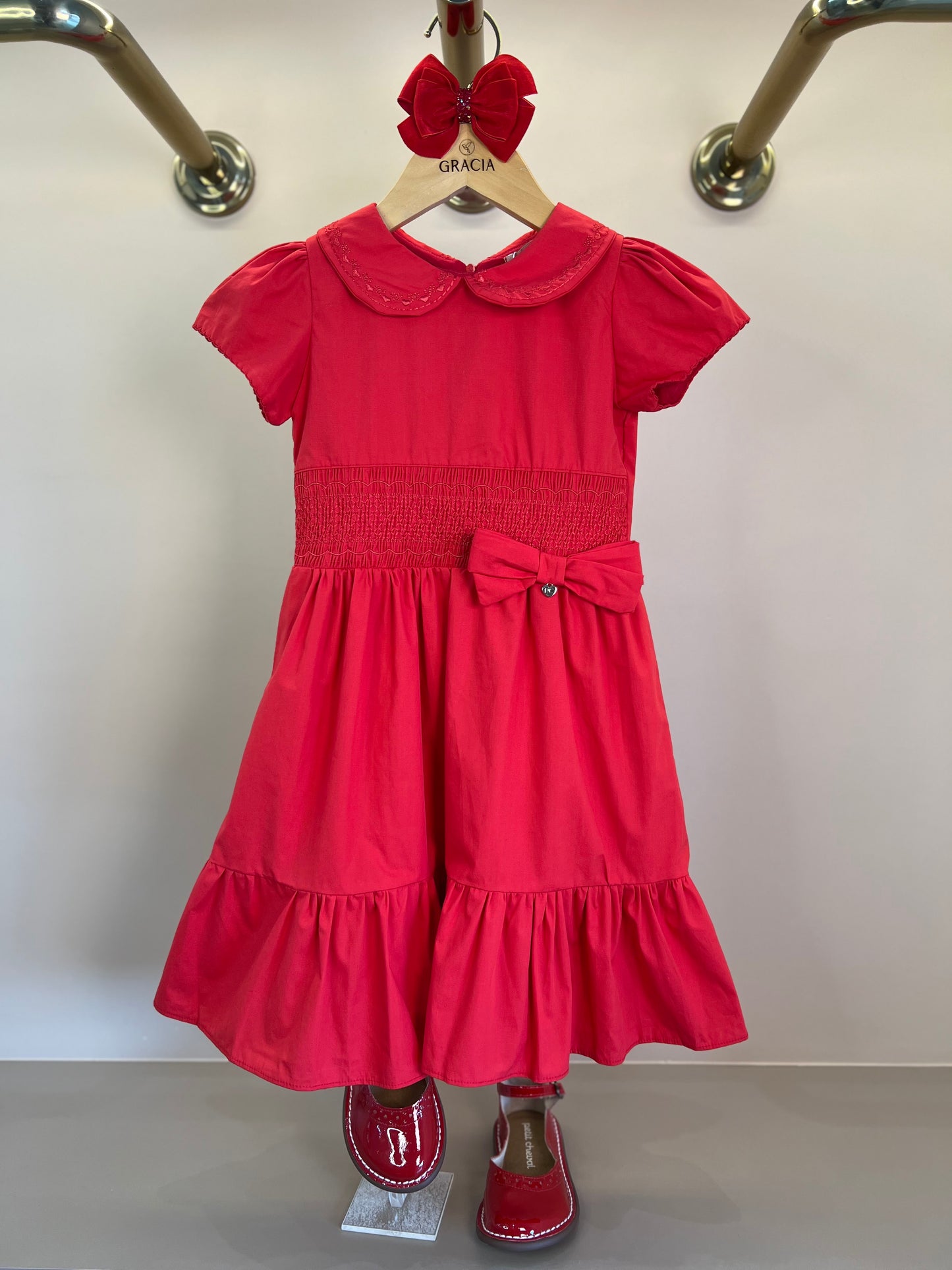 Vestido Infantil Algodão Vermelho Golinha e Laço - Petit Cherie