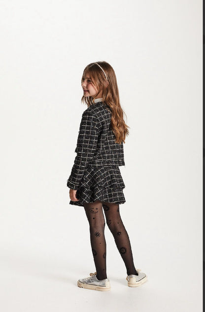 Conjunto Infantil Blusa Gola Babado com Casaco Tweed e Shorts Tweed Xadrez - Um Mais Um