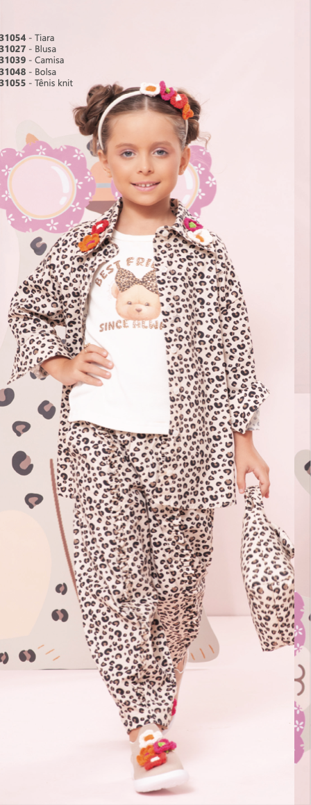 Conjunto Infantil  Blusa Off White Estampa de Ursinha com Strass Calça Ballon Algodão Estampa de Oncinha Babadinhos - Pi