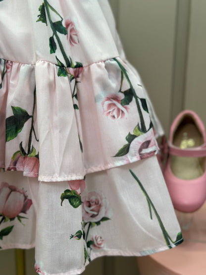 Vestido Infantil Algodão Rodado Floral Rosa Bordado Manual e Strass Rosa - Luluzinha