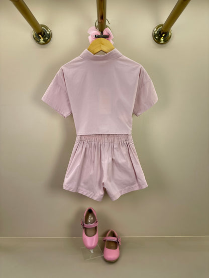 Conjunto Infantil Algodão Camisa Bordada e Shorts-saia Pregas Nude - Um Mais Um