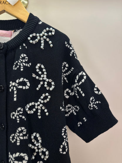 Casaco Infantil Tricot Lacinhos Bordados Pérolas e Cristais Preto - Pituchinhus