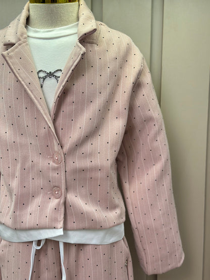 Conjunto Infantil Trio Blusa Lacinho, Casaqueto e Calça Alfaiataria Listrada Strass Rosé - Petit Cherie