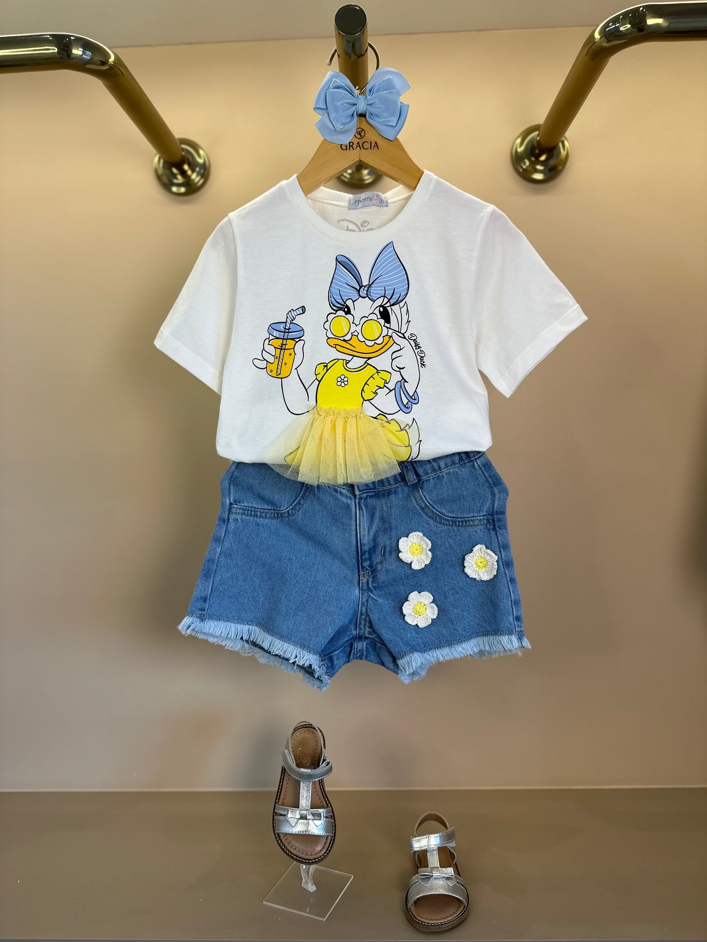 Conjunto Infantil Blusa Daisy Vestido Babadinho e Shorts Jeans Apliques Florzinhas - Momi