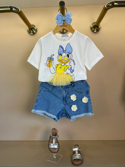 Conjunto Infantil Blusa Daisy Vestido Babadinho e Shorts Jeans Apliques Florzinhas - Momi
