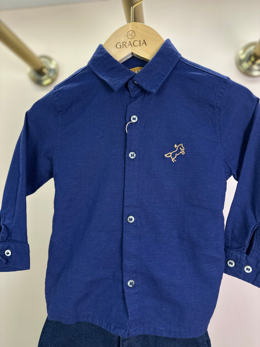 Conjunto Infantil Camisa de linho marinho e Calça social skinny de sarja - Dame