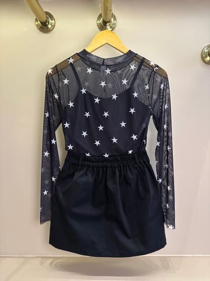 Conjunto Teen Blusa ML Tule Estrelas e Saia Sarja com Pregas Preta - Two In