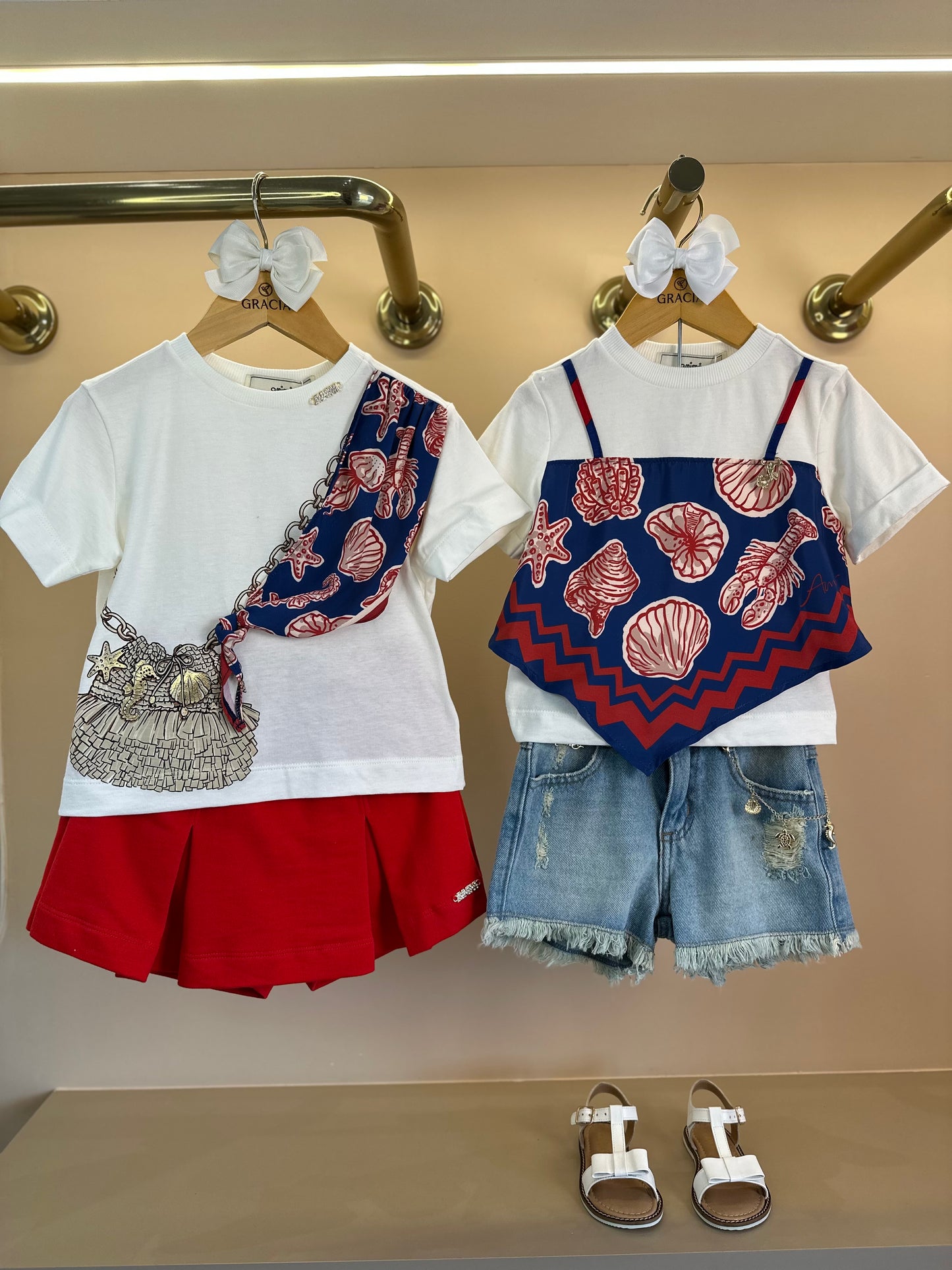 Conjunto Infantil Blusa Lenço Blue Sea e Shorts Jeans Pingentes - Animê