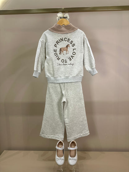 Conjunto Infantil Moletom Mescla Casaco Gola Tricot Good Luck Cavalinho e Calça Reta Broderi - Pituchinhus
