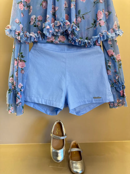 Conjunto Infantil Blusa Capa Floral Azul e Shorts Alfaiataria Azul - Luluzinha