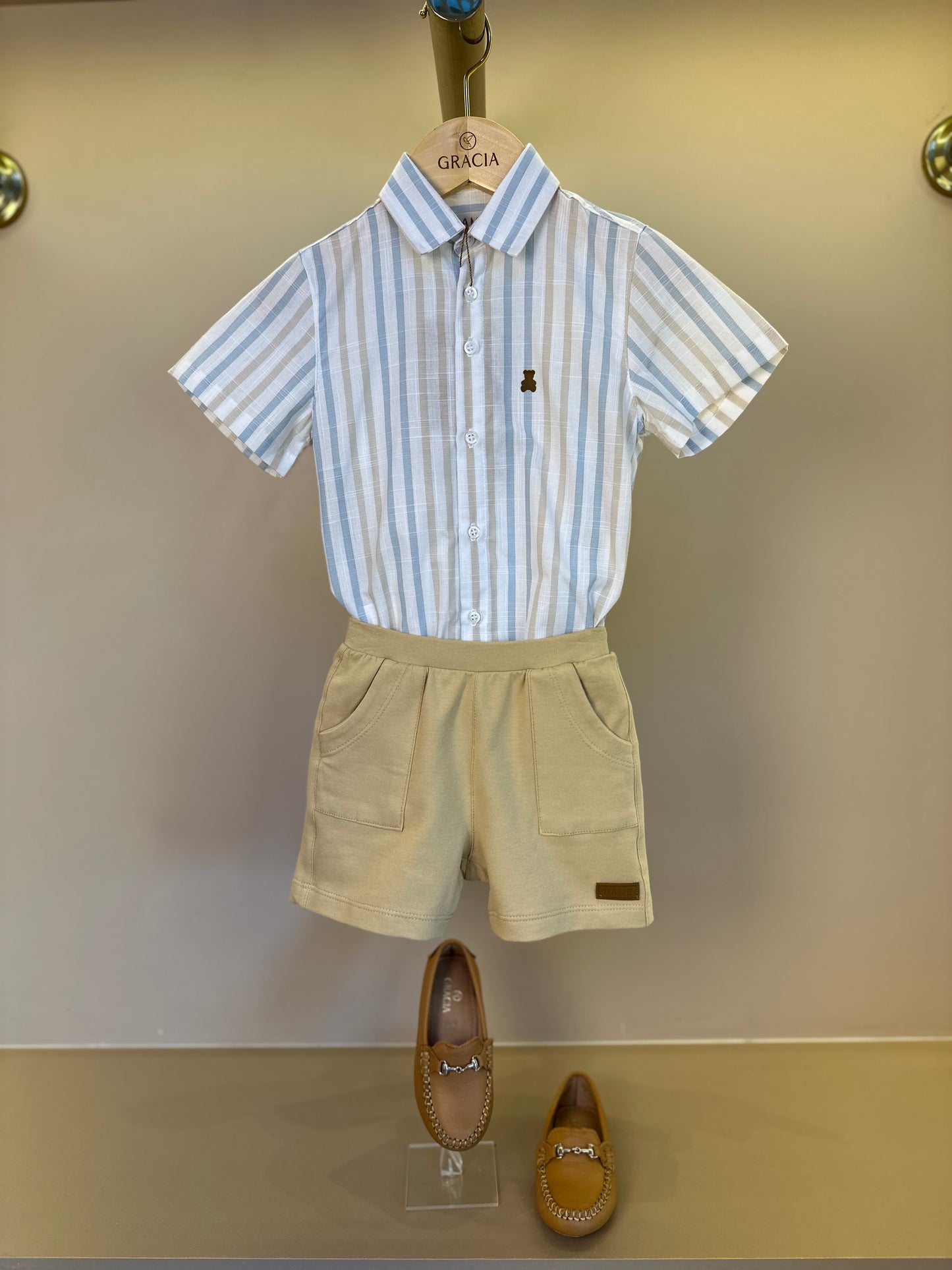 Conjunto Bebê Camisa-body Listras Azul/Amarelo e Bermuda Moletom Algodão Bege - Dame