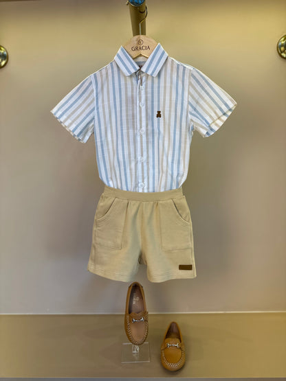 Conjunto Bebê Camisa-body Listras Azul/Amarelo e Bermuda Moletom Algodão Bege - Dame