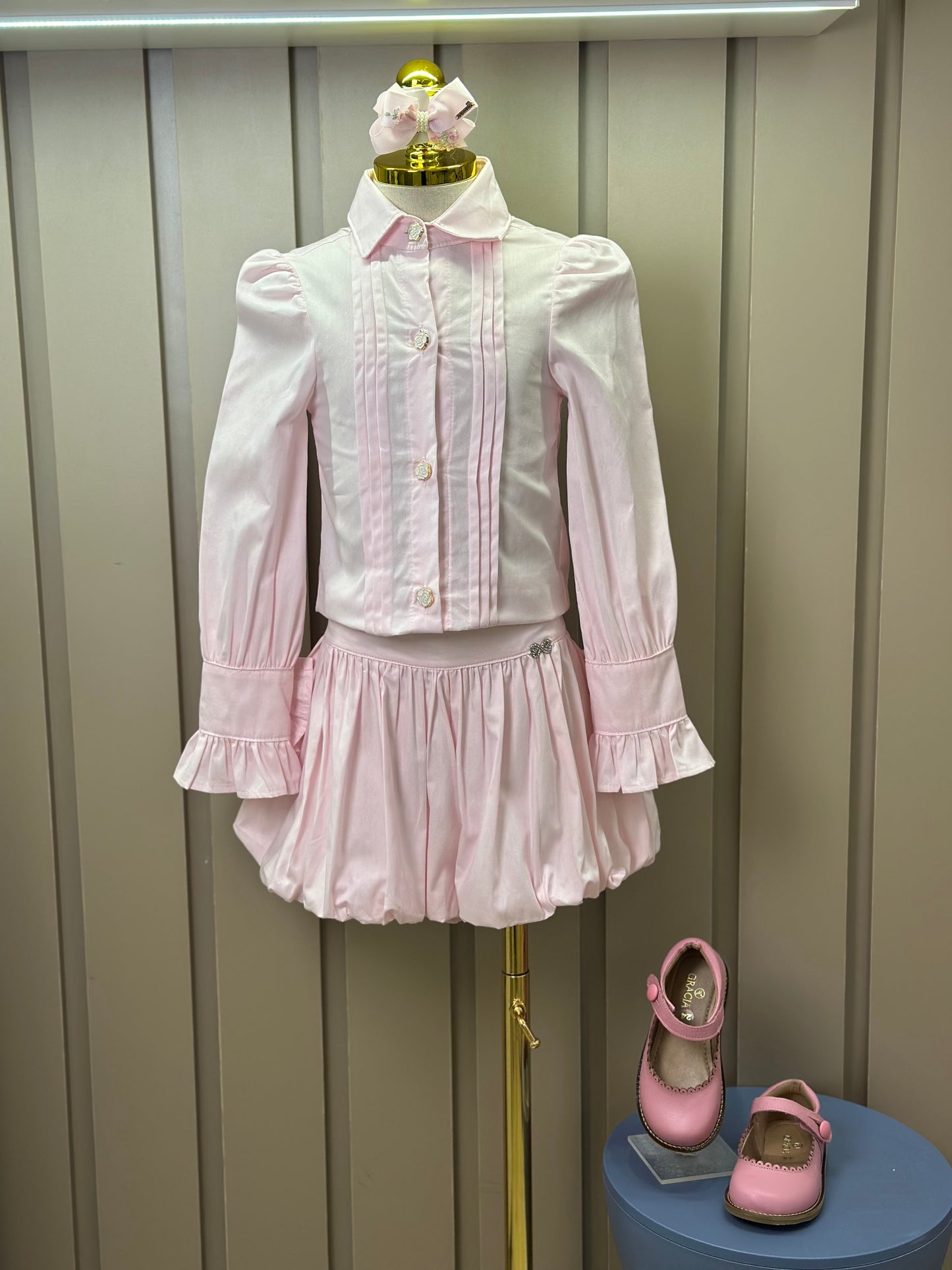 Conjunto Infantil Algodão  Camisa Babadinhos Punho Pregas e Saia Balonê Rosa Claro - Luluzinha
