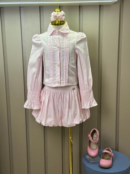 Conjunto Infantil Algodão  Camisa Babadinhos Punho Pregas e Saia Balonê Rosa Claro - Luluzinha
