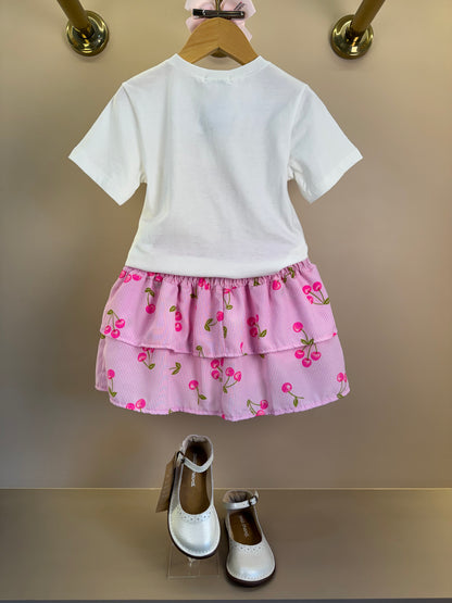 Conjunto Infantil Blusa Cerejas e Saia Franzida Babados Em Camadas - Momi
