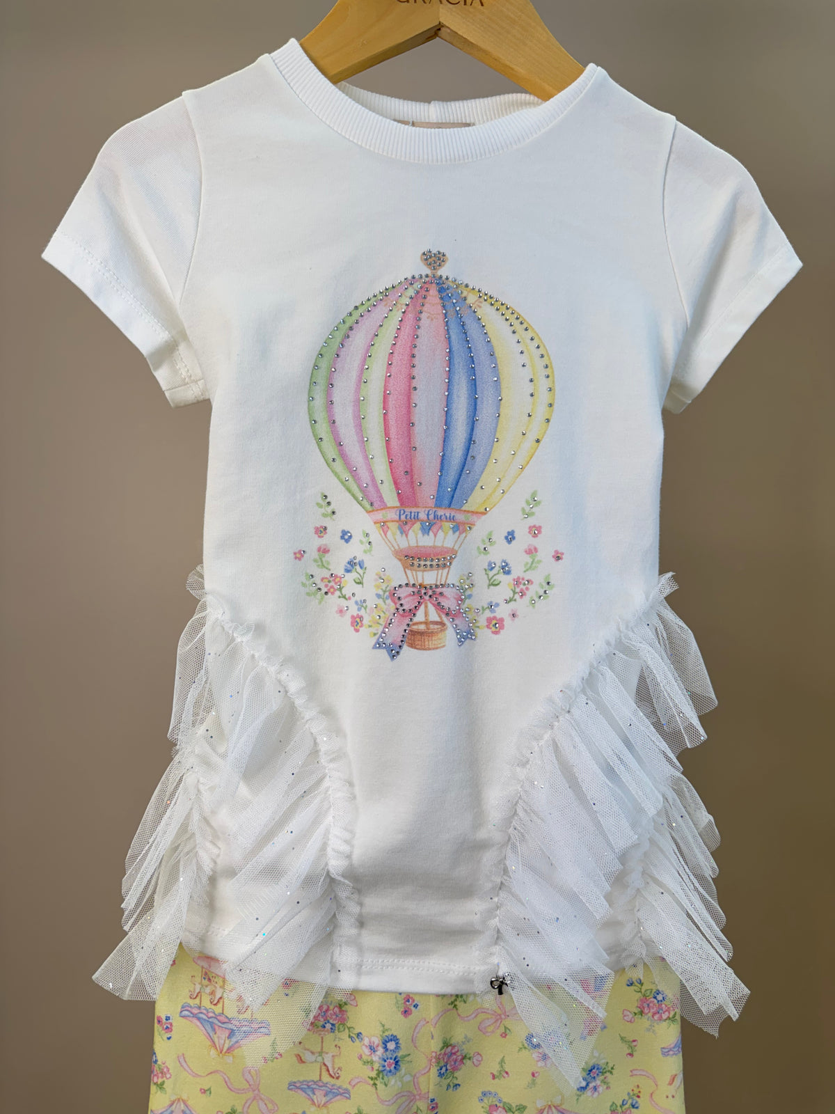Conjunto Infantil Blusa Strass Em Tule e Calça Legging Estampada - Petit Cherie