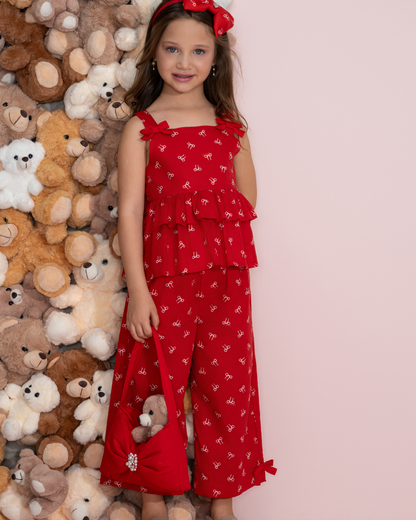 Conjunto Infantil Blusa Babados Lacinhos e Calça Pantacourt Lacinhos - Pituchinhus