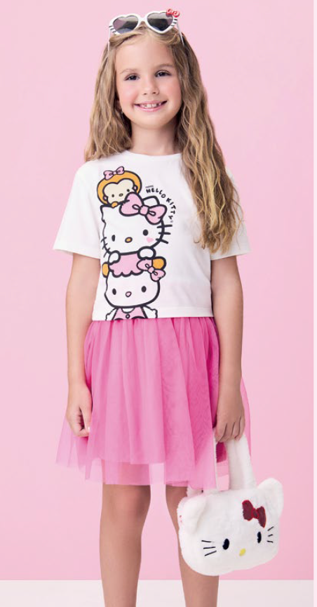Conjunto Infantil Blusa Hello Kitty Saia Tule Rosa Cherry - Momi PRÉ-VENDA